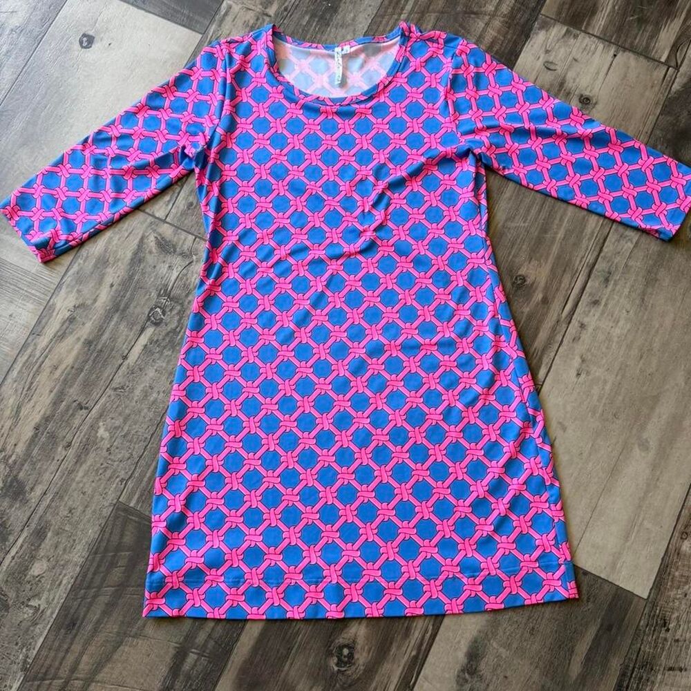 Lulu B Vibrant Geometric Print Shift Dress 3/4 Sleeve Preppy Coastal Resort